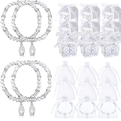 30 Stück Kristall Rosenkranz Armband Taufe Gefälligkeiten für Gäste Babyparty Armband Gefälligkeiten mit 30 Stück Organza Beutel und 30 Stück Erstkommunion Geschenkbox für Hochzeit (Silber) von HICARER