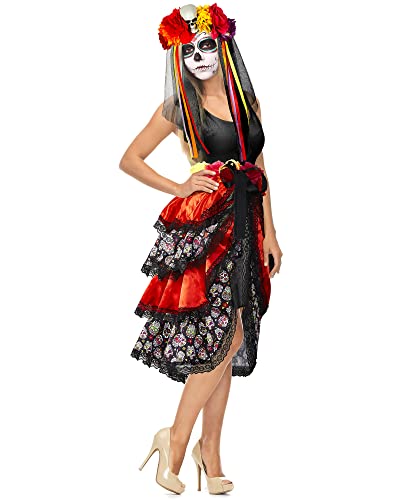 HICARER 2 Stück Tag der Toten Kostüm Set Tag der Toten Rock zum Binden und Blumen Haarreif mit Schleier Halloween Accessoires Totenkopf Haarschmuck Verkleidung für Damen Mädchen (Rot, S) von HICARER