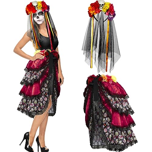 HICARER 2 Stück Tag der Toten Kostüm Set Tag der Toten Rock zum Binden und Blumen Haarreif mit Schleier Halloween Accessoires Totenkopf Haarschmuck Verkleidung für Damen Mädchen (Rotbraun, S) von HICARER