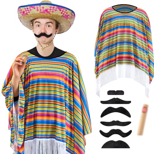 HICARER 3 Stück Karneval Mexikanischer Kostüm mit Buntem Festival Serape Poncho Western Cowboy Festliche Schnurrbart Lustige Gefälschte Zigarre für Erwachsene Herren Frau Einheitsgröße (Klassisch) HICARER 3 Stück Karneval Mexikanischer Kostüm mit Buntem Festival Serape Poncho Western Cowboy Festliche Schnurrbart Lustige Gefälschte Zigarre für Erwachsene Herren Frau Einheitsgröße (Klassisch) von HICARER