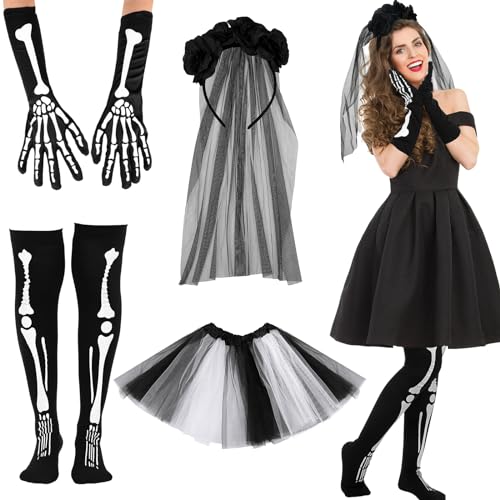 HICARER 4 Stück Halloween Tag der Toten Kostüme Set inklusive Skelett Handschuhe Skelett Strümpfe Schwarzer Haarreif mit Langem Schleier und Blumen 1 Tutu Rock Gotisch Braut Kostüm für Damen HICARER 4 Stück Halloween Tag der Toten Kostüme Set inklusive Skelett Handschuhe Skelett Strümpfe Schwarzer Haarreif mit Langem Schleier und Blumen 1 Tutu Rock Gotisch Braut Kostüm für Damen von HICARER