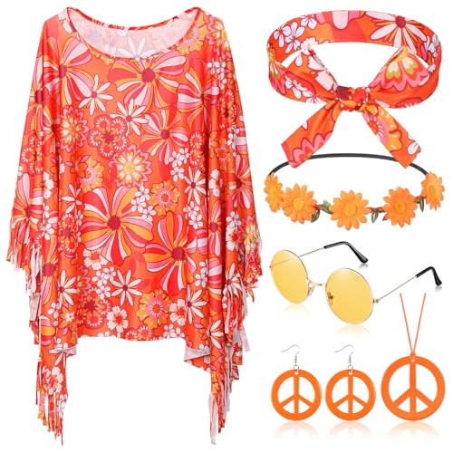 HICARER 6 Stück Hippie Kostüm Set inklusive Hippie Poncho Frieden Zeichen Halskette Ohrringe Stirnband Hippie Sonnenbrillen 60er 70er Jahre Bekleidung Accessoires für Damen (Orange, Lebendige Blume) HICARER 6 Stück Hippie Kostüm Set inklusive Hippie Poncho Frieden Zeichen Halskette Ohrringe Stirnband Hippie Sonnenbrillen 60er 70er Jahre Bekleidung Accessoires für Damen (Orange, Lebendige Blume) von HICARER