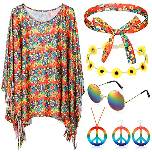 HICARER 6 Stück Hippie Kostüm Set inklusive Hippie Poncho Frieden Zeichen Halskette Ohrringe 60er 70er Haarband Hippie Sonnenbrillen Stirnband 70er Jahre Bekleidung Accessoires für Damen (Blume) von HICARER