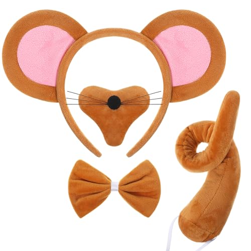 HICARER Tierk Kostüm Set Maus Nase Schwanz und Fliege Maus Kostüm Zubehör für Kinder Karneval Cosplay Welttag des Buches (Braun) von HICARER