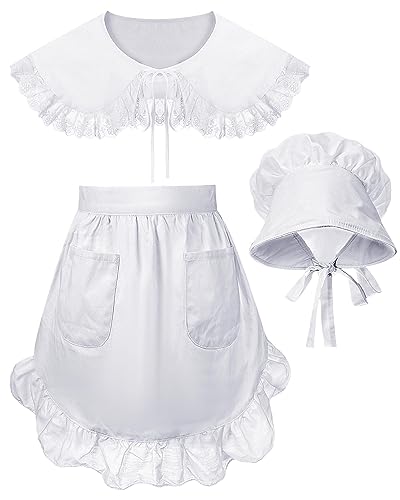 Hicarer 3 Stück Halloween Kolonial-Kostüm-Zubehör inklusive kolonialer weißer Mob-Kappe für Frauen Schal Stola Retro Halbschürze mit Taschen für Halloween Frauen Mädchen Pilger Kostüm Zubehör von HICARER