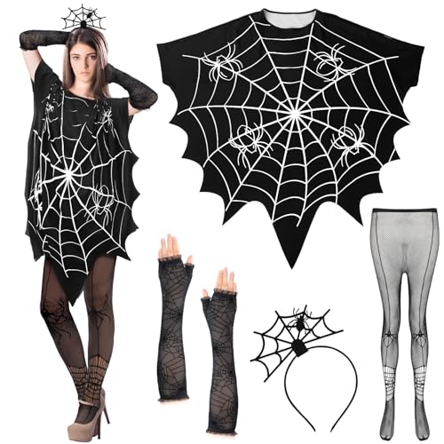 Hicarer 4 Stück Halloween Damen Spinnennetz Poncho Kostüm Spinne Stirnband Poncho Netz Strumpfhosen Armwärmer Cosplay Party Verkleiden, Schwarz, Einheitsgröße Hicarer 4 Stück Halloween Damen Spinnennetz Poncho Kostüm Spinne Stirnband Poncho Netz Strumpfhosen Armwärmer Cosplay Party Verkleiden, Schwarz, Einheitsgröße von HICARER