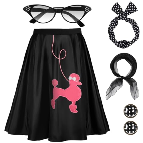 Hicarer 5 Stück 1950er Jahre Damen Halloween-Kostüm 50er Jahre Pudel Rock Zubehör Outfit Schal Brille Bandana Krawatte Stirnband Ohrringe (Schwarz, Rosa, M) von HICARER