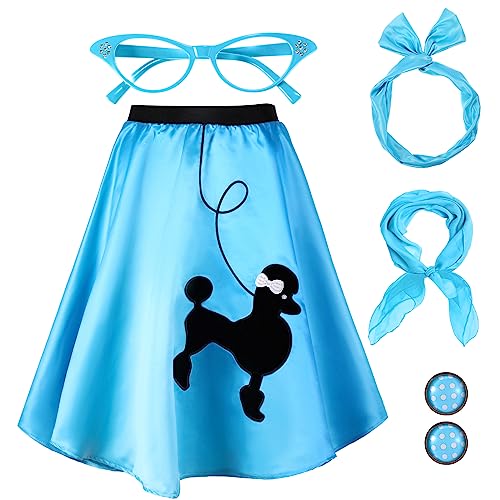 Hicarer 5 Stück 50er Jahre Frauen Outfit 1950 Pudel Rock Socke Hop Kostüm Zubehör Halloween Schal Brille Bandana Stirnband Ohrring, Seeblau, Erwachsene, M von HICARER