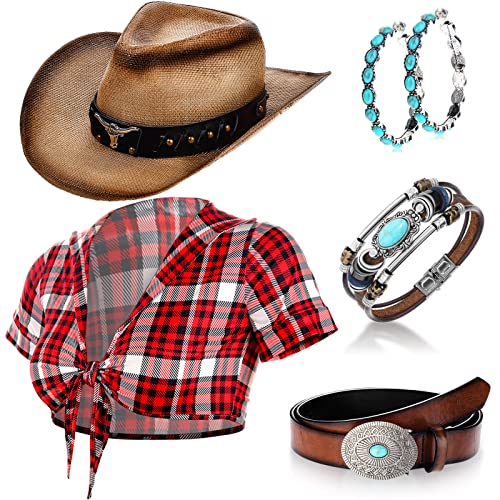Hicarer 5-teiliges Cowgirl-Kostüm für Damen, Rollenspiel-Set, T-Shirt, Cowboyhut, braune Schnalle, Gürtel, türkisfarbene Armbänder, Anhänger, Ohrringe (Medium) von HICARER