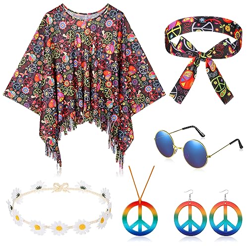 HICARER 6 Stück Hippie Kostüm Set inklusive Hippie Poncho Frieden Zeichen Halskette Ohrringe 60er 70er Haarband Hippie Sonnenbrillen Stirnband 70er Jahre Bekleidung Accessoires für Damen (Stilvoll) HICARER 6 Stück Hippie Kostüm Set inklusive Hippie Poncho Frieden Zeichen Halskette Ohrringe 60er 70er Haarband Hippie Sonnenbrillen Stirnband 70er Jahre Bekleidung Accessoires für Damen (Stilvoll) von HICARER