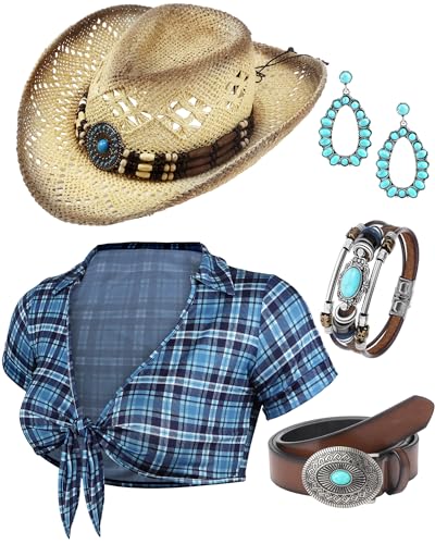 Hicarer Cowgirl-Kostüm für Damen, Rollenspiel-Set, T-Shirt, Cowboyhut, Schnalle, Gürtel, Anhänger, Ohrringe für Halloween, kariert, Größe M, 5-teilig von HICARER