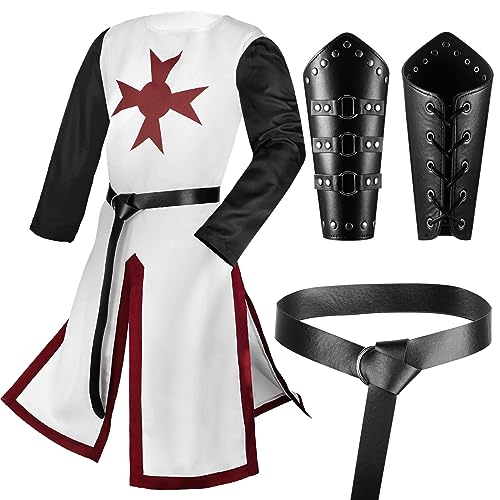 Hicarer Mittelalter Kreuzritter Tempelritter Tunika Kostüme Renaissance Kostüm Wikinger Ledergürtel Mittelalter Leder Armschützer für Ritter Krieger Halloween Pest Umhang Cosplay (Rot,XXL) von HICARER