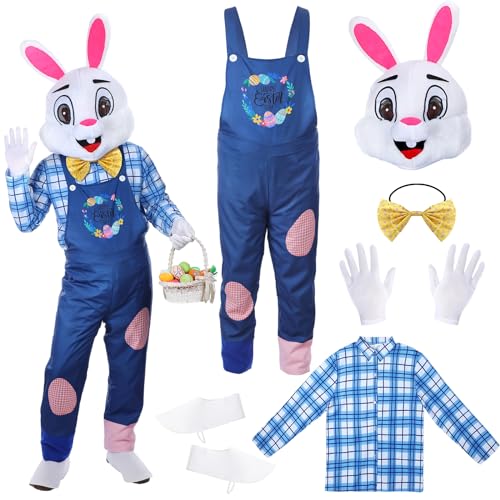 Hicarer Osterhasenkostüm für Erwachsene, Frohe Ostern, Hasenmaskottchen, Latzhose und Hasenkopf, Unisex, Cosplay-Kostüm-Zubehör Hicarer Osterhasenkostüm für Erwachsene, Frohe Ostern, Hasenmaskottchen, Latzhose und Hasenkopf, Unisex, Cosplay-Kostüm-Zubehör von HICARER