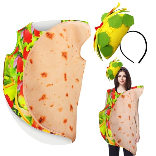 Hicarer Taco-Kostüm für Erwachsene, lustiges Essen-Kostüm mit Taco-Hut, mexikanische Burritos, Tortilla-Outfit, Halloween, Lebendige Farbe., Einheitsgr��e von HICARER
