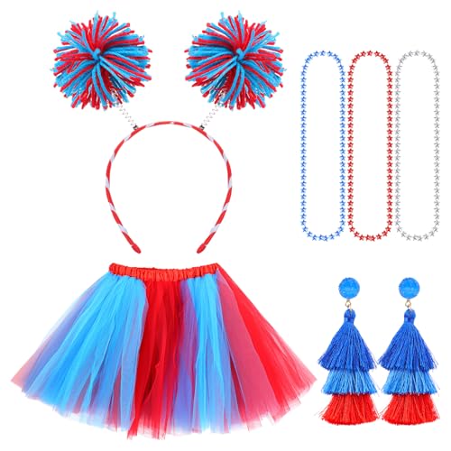 Kostümzubehör-Set für Damen, Tutu-Rock, Stirnbopper, Quaste, Ohrringe, Perlenkette, Party-Zubehör, rot/blau, Einheitsgröße von HICARER