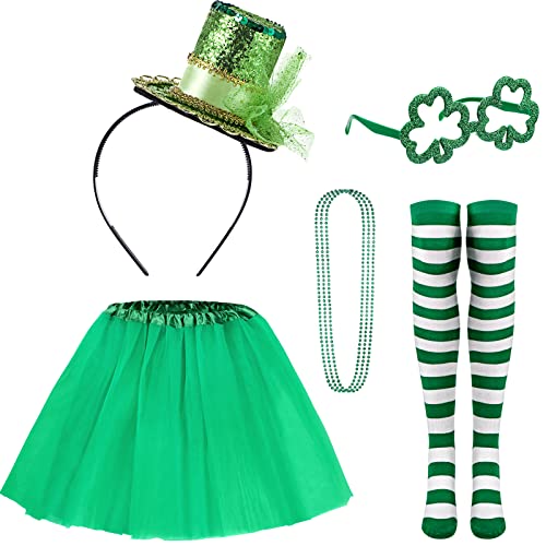 St. Patrick's Day Zubehör, 7 Stück irische Mütze Stirnband, Perlenkette, Kleeblatt-Brille, grün gestreifte Socken und Tutu Rock für irische St. Patricks Day Dekorationen St. Patrick's Day Zubehör, 7 Stück irische Mütze Stirnband, Perlenkette, Kleeblatt-Brille, grün gestreifte Socken und Tutu Rock für irische St. Patricks Day Dekorationen von HICARER