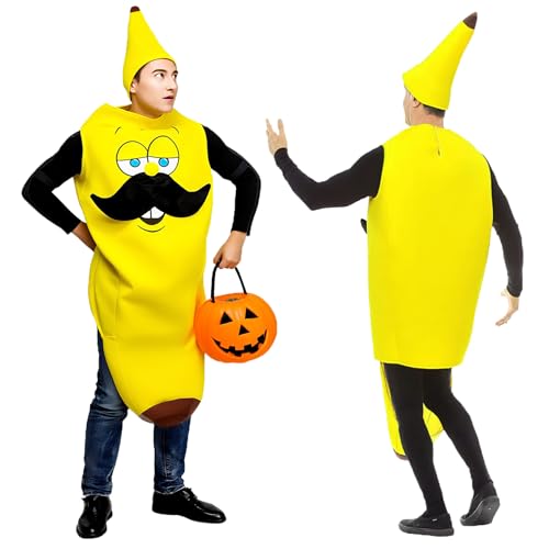 HICYOO Halloween-Bananen-Kostüm für Erwachsene, Einheitsgröße, Bartbanane, Einteiler, Obstkostüm für Herren, Gelb (Banana), One-Size von HICYOO