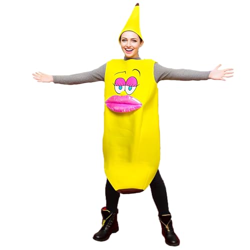 HICYOO Halloween-Bananen-Kostüm für Erwachsene, Einheitsgröße, große Lippen, Bananeneinteiler, Obstkostüm für Damen, geeignet für Halloween, Cosplay, Party, Familienveranstaltungen HICYOO Halloween-Bananen-Kostüm für Erwachsene, Einheitsgröße, große Lippen, Bananeneinteiler, Obstkostüm für Damen, geeignet für Halloween, Cosplay, Party, Familienveranstaltungen von HICYOO
