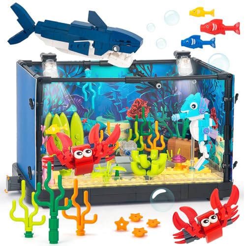 HIGH GODO Aquarium Klemmbausteine 648 Teil, Fish Tank Bausatz mit beweglichem Hai und LED Light, Bauspielzeug Geschenk für Kinder ab 8 von HIGH GODO