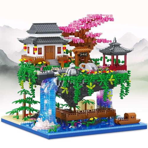 HIGH GODO Blumen Pfirsichblüten Teich Botanical Haus mit LED, 3320 Stück Micro Bausteine Architekture Baumhaus Garten Modell, Creative Klemmbausteine Geschenk für Jugendliche Erwachsene Frauen von HIGH GODO