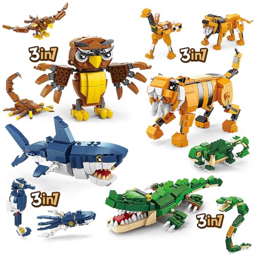 HIGH GODO 3in1 Mini Tiere Bausteine Spielzeug, 1084 Stück Klemmbausteine Tiger Krokodil Hai Eule Simulation Zwölf Arten Tiere Figuren, Ideas Geschenke für Kinder Jungen Mädchen von HIGH GODO