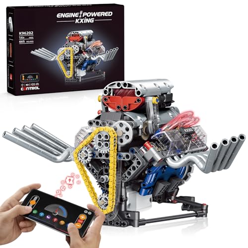 HIGH GODO Technik V8 Motor Bausatz, Mit LED und APP Fernsteuerung 655 Teile, Auto Motor Modell Klemmbausteine, Engine Bausteine Spielzeug Geschenk für Erwachsene und Jungen ab 12 von HIGH GODO