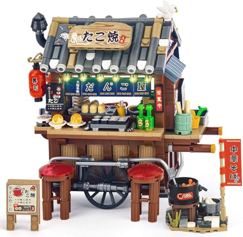 HIGH GODO Japanisch Straßenstand Tako-Yaki Karren Shop Mini Bausteine, 951 Teile Japan Straßenansicht Deko Modell Klemmbausteine Set, Creative Ostern Geschenke für Sammler Erwachsene oder Jugendliche von HIGH GODO
