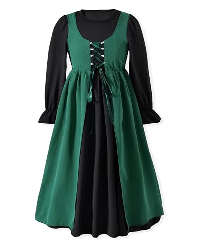 HIHA Größe 11–12 Mädchen Renaissance Kleid Kinder Mittelalter Kleider Lange Puffärmel Viktorianische Kleidung Dunkelgrün von HIHA