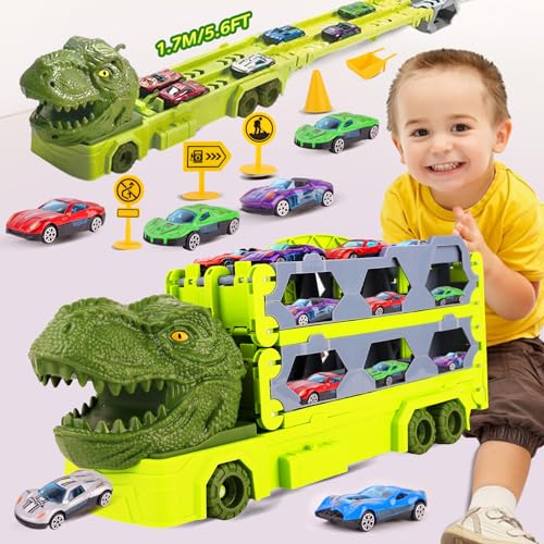 HIHNKICH Kinder Autotransporter LKW Spielzeug für 3-5, 170CM/5.6FT Dinosaurier Spielzeug Rennbahn Truck mit 2-Spieler-Rennmodus und 6 Autos und 7 Verkehrsschilder, Geschenk für Weihnachten/Geburtstag HIHNKICH Kinder Autotransporter LKW Spielzeug für 3-5, 170CM/5.6FT Dinosaurier Spielzeug Rennbahn Truck mit 2-Spieler-Rennmodus und 6 Autos und 7 Verkehrsschilder, Geschenk für Weihnachten/Geburtstag von HIHNKICH