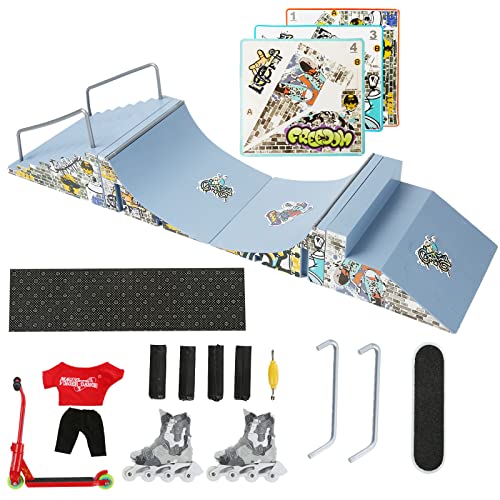 HIHOBDAY Skateboard-Set, Rampenteile für Finger, Skateboard, Park, Trainingsrequisiten mit Finger-Skateboards, Skates und Rollern, Blau, 4 Stück von HIHOBDAY