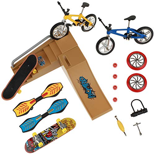 HIHOBDAY Skate Park Kit, Mini-Fingerspielzeug-Set, Finger-Skateboards, Finger-Bikes, kleines Schaukelbrett mit Ersatzrädern und Werkzeugen (17-teilig) von HIHOBDAY