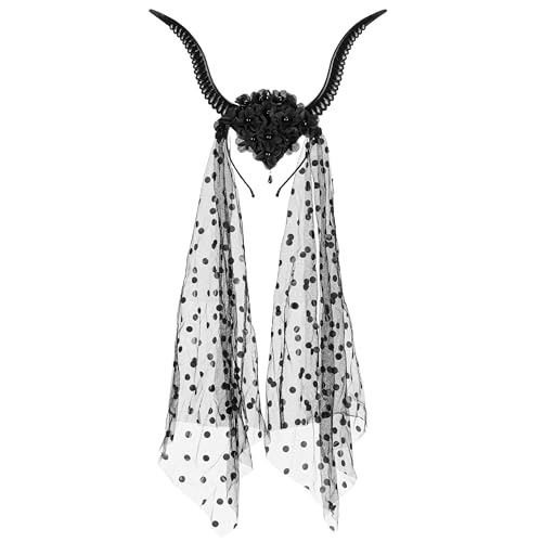 HIKIhooray Haarreif Teufelshorn mit Tüll – 30×76 cm – schwarz – Gothic Kopfschmuck – One Size – Kostüm Zubehör für Damen, Teens Halloween Fasching von HIKIhooray