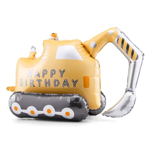 HIKIhooray XXL Folienballon Bagger – 49 × 76,5 cm – Stehender Luftballon für Kindergeburtstag, Baustelle Deko – Luftbefüllbar inkl. Strohhalm – Jungen Party Deko von HIKIhooray