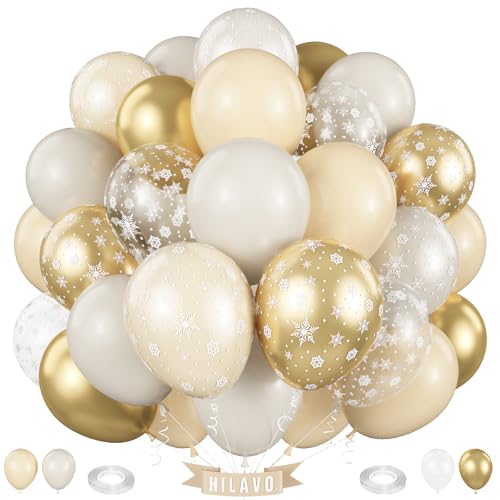 Beige Gold Schneeflocke Luftballons Creme Weiß Sand Metallic Gold Luftballons Neutral Boho Elfenbein Nude Winter Ballon Set für Eis Wunderland Schnee Geburtstag Hochzeit Weihnachten Baby Brautdusche von HILAVO