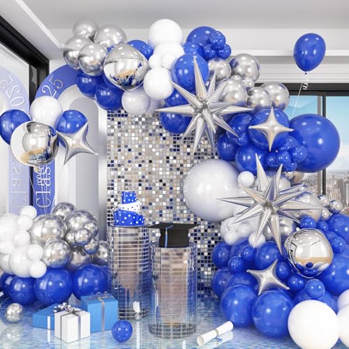 HILAVO Blau Weiß Silber Ballonbogen Kit mit Explosionsstern 4D Silber Folienballons Königsblau Metallic Silber Weiß Ballongirlande für Blau 2025 Abschluss Dekoration Geburtstag Babyparty Party von HILAVO