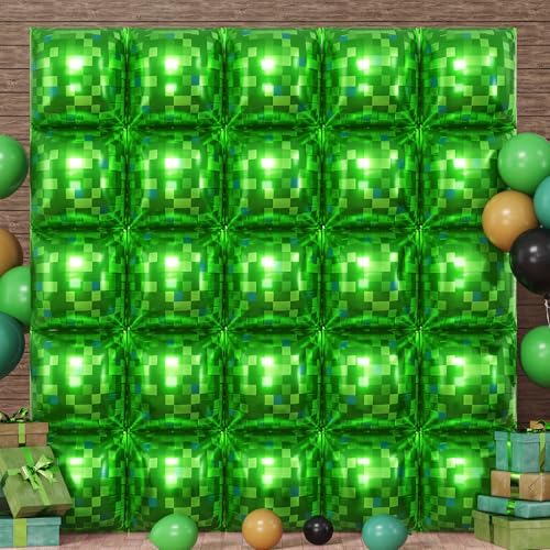 HILAVO Grüne Pixel-Ballon-Wand, 25 Stück, grüne Pixel, quadratische Folienballons, Wandhintergrund, Luftballons, Tunnelbogen für Kinder, Jungen, Videospiel, Thema, Geburtstagsparty, Dekoration von HILAVO