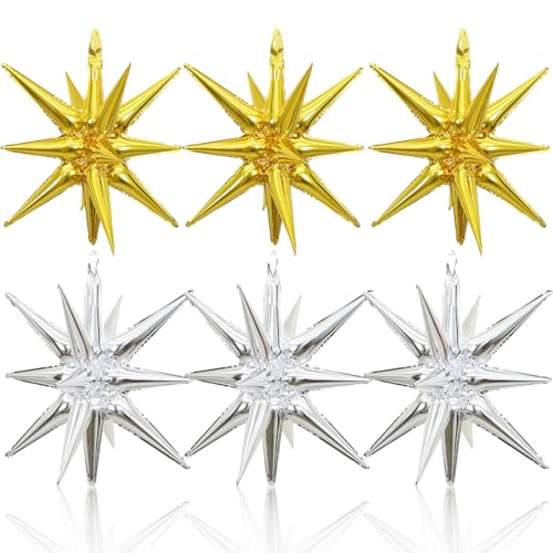 HILAVO Stern Folienballons, 6 Stück 22 Zoll Groß Gold Silber Stern Ballons Explodieren Stern Foil Luftballons für Geburtstag Graduierung Silvester Neujahr Party Deko von HILAVO