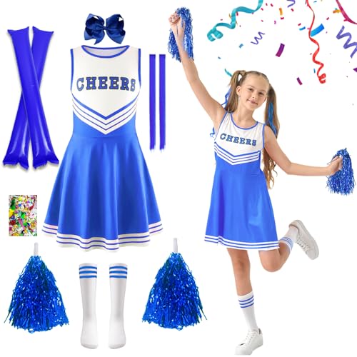 Cheerleader Kostüm Kinder, Cheerleadering Outfit Mädchen, Cheer Uniform Outfit Kleid, Schulkind Cheer Kostüm Outfit mit Pompons, Kopfschmuck, Socken Karneval Dress Up Fasching Party Kostüm(Blau, 150) Cheerleader Kostüm Kinder, Cheerleadering Outfit Mädchen, Cheer Uniform Outfit Kleid, Schulkind Cheer Kostüm Outfit mit Pompons, Kopfschmuck, Socken Karneval Dress Up Fasching Party Kostüm(Blau, 150) von HILKKET