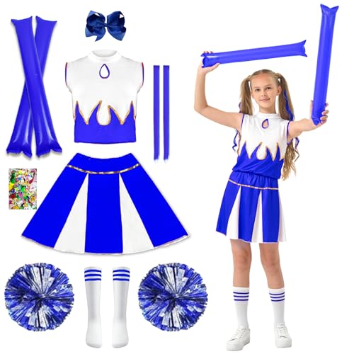 HILKKET Cheerleader Kostüm Kinder, Cheerleadering Outfit Mädchen, Cheerleading Kleid Cheer Uniformen Kinder Cheer Outfit Karneval Kostüm (Blau, 150) von HILKKET