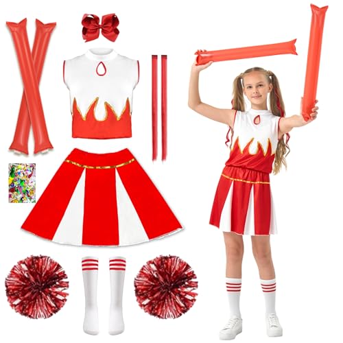 HILKKET Cheerleader Kostüm Kinder, Cheerleadering Outfit Mädchen, Cheerleading Kleid Cheer Uniformen Kinder Cheer Outfit Karneval Kostüm (Rot, 110) von HILKKET