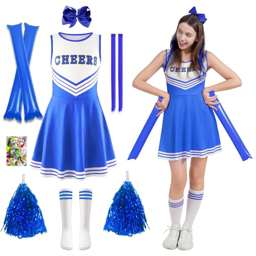 HILKKET Cheerleader Kostüm Kinder, Cheerleadering Outfit Mädchen, Cheerleading Kleid Cheer Uniformen mit Pompoms, Socken und Haarzubehör, Kinder Cheer Outfit (Blau, L) von HILKKET