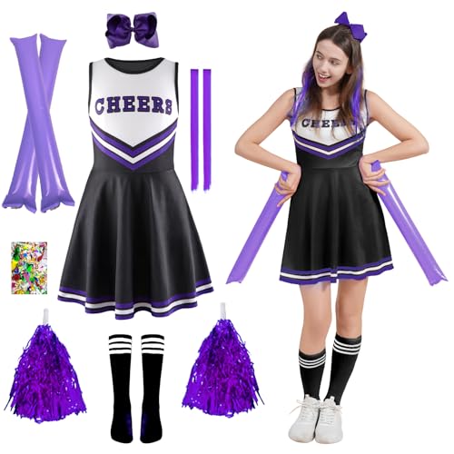 HILKKET Cheerleader Kostüm Kinder, Cheerleadering Outfit Mädchen, Cheerleading Kleid Cheer Uniformen mit Pompoms, Socken und Haarzubehör, Kinder Cheer Outfit (Lila, M) von HILKKET
