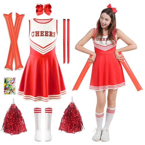 HILKKET Cheerleader Kostüm Kinder, Cheerleadering Outfit Mädchen, Cheerleading Kleid Cheer Uniformen mit Pompoms, Socken und Haarzubehör, Kinder Cheer Outfit (Rot, L) von HILKKET