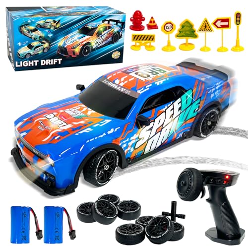 RC Drift Rennwagen, Drift Ferngesteuertes Auto 25km/h, 1/14 GT RC Drift Auto Fernbedienung, Variable Geschwindigkeit RC Auto, Spielzeugauto mit Driftfunktion für 4,6,7,8 + Jahre Kindergeschenke(Blau) von HILKKET