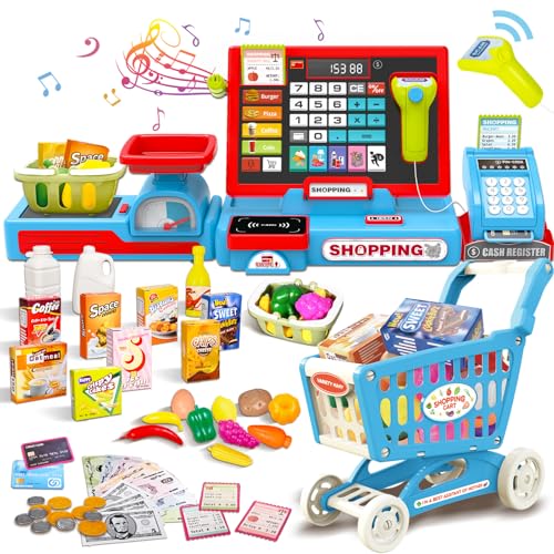 HILKKET Kasse Kinder Spielzeug, Kinderkasse mit Scanner, Sound, Rechnerfunktion, Spielgeld und Zubehör, Kaufladen Zubehör Rollenspiel Weihnachten Geschenk, Spielkasse ab Jungen Mädchen 3-6 Jahren von HILKKET