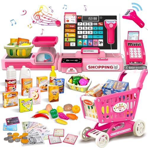 HILKKET Kasse Kinder Spielzeug, Kinderkasse mit Scanner, Sound, Rechnerfunktion, Spielgeld und Zubehör, Kaufladen Zubehör Rollenspiel Weihnachten Geschenk, Spielkasse ab Jungen Mädchen 3-6 Jahren von HILKKET