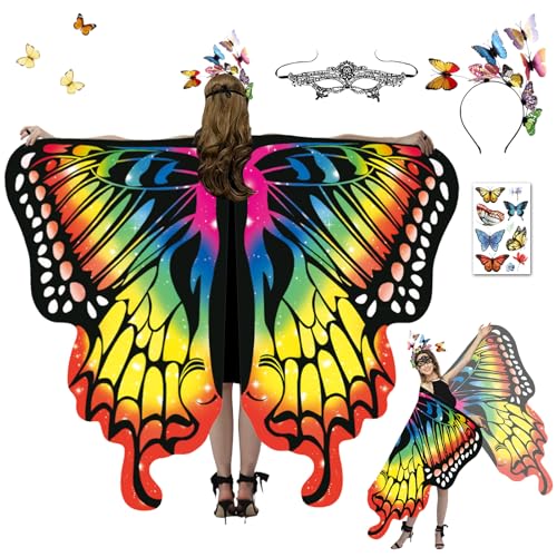 Schmetterling Kostüm Damen, 4Schmetterlingsflügel Erwachsene Mädchen, Schmetterling Umhang Damen, Feenflügel für Erwachsene mit Schmetterling Haarreif, Damen Spitze Maske Fasching Kostüme Karneval (C) von HILKKET