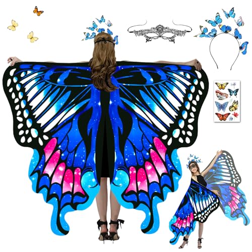 Schmetterling Kostüm Damen, 4Schmetterlingsflügel Erwachsene Mädchen, Schmetterling Umhang Damen, Feenflügel für Erwachsene mit Schmetterling Haarreif, Damen Spitze Maske Fasching Kostüme Karneval (D) von HILKKET