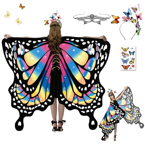 HILKKET Schmetterling Kostüm Damen, Schmetterlingsflügel Erwachsene, Schmetterling Umhang Damen, Karneval Kostüm Damen mit Schmetterling Haarreif, Damen Spitze Maske für Karneval, Fasching (B) von HILKKET