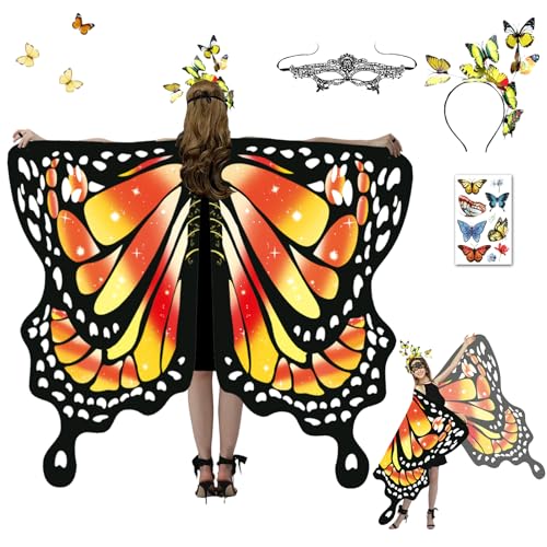 HILKKET Schmetterling Kostüm Damen, Schmetterlingsflügel Erwachsene, Schmetterling Umhang Damen, Karneval Kostüm Damen mit Schmetterling Haarreif, Damen Spitze Maske für Karneval, Fasching (D) von HILKKET
